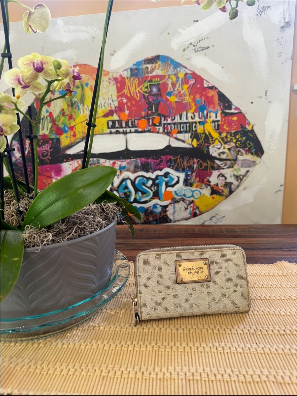 Michael Kors Cream MK Logo Zip-Around Wallet with Gold Plate